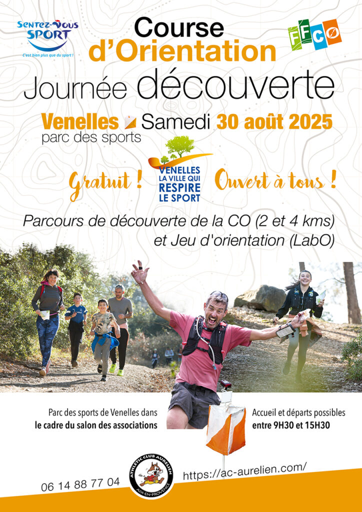 Jounrnée découverte CO Venelles samedi 30 aout 2025 Parcours de découvertes de la CO (2 et 4kms) et jeu d'orientation (LabO).